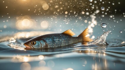 Poster - fish splashes in clear water during golden hour at a serene lake setting