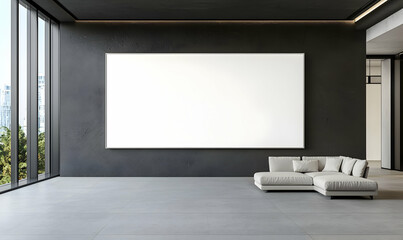 Poster - Minimalist art display, blank white canvas against a sleek grey wall, modern aesthetic, inviting creativity and contemplation