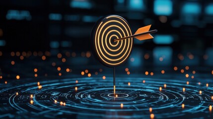 Poster - Targeting Success: An Arrow Striking the Bullseye in a Futuristic Digital Environment with Glowing Circles and Particles