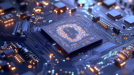 Poster - Digital Euro Symbol, vibrant blue Euro sign intertwined with intricate circuit patterns, symbolizing the fusion of finance and technology.