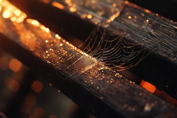 Dew-kissed spiderweb glistening on a dark wooden surface at sunrise.