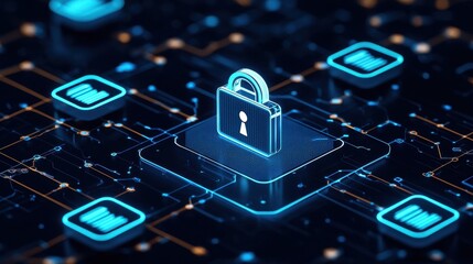 Poster - Digital Padlock Secure Data Protection in Abstract Network Background with Glowing Elements and Futuristic Technology Design for Cybersecurity Concepts