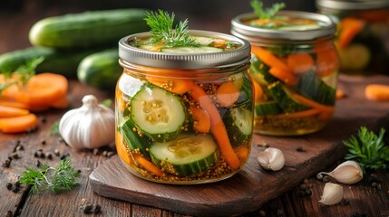 Poster - Preserving fresh vegetables like carrots and cucumbers in glass jars for winter