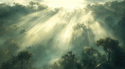 Wall Mural - Sunbeams pierce misty forest, tranquil scene, nature background, ideal for eco-themes