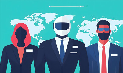 Poster - Business professionals collaborating with a humanoid robot, showcasing innovation and teamwork in a modern office environment.