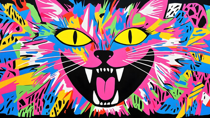 Poster - Whimsical Cat in a Colorful Chaos, A playful feline surrounded by vibrant patterns and lively decor, exuding energy and curiosity.