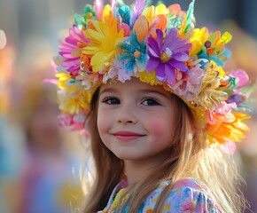 Smiling girl wearing colorful flower crown during spring festival