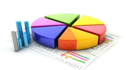 Poster - Colorful pie chart on financial reports with bar graphs, depicting data analysis in an office setting
