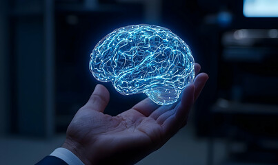 Poster - Businessman Engaged in Digital Task, Close-up of a hand interacting with a glowing blue interface, showcasing modern technology in action