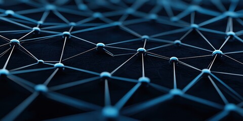 Fototapete - A network of interconnected nodes and lines displayed in a deep blue color, representing technology, data, or digital connections in a modern context.