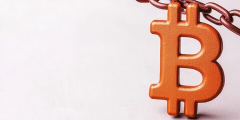 Poster - A metallic Bitcoin symbol is attached to a chain, representing cryptocurrency security and the concept of digital assets.
