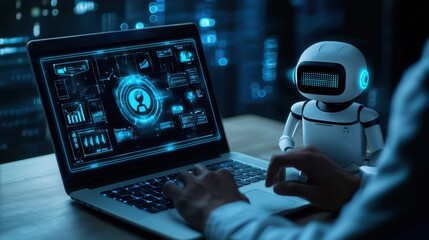 Poster - Futuristic Business Technology with Robot Assistant Helping in Data Analysis and Digital Interfaces on Laptop Screen at Night in Modern Office Environment
