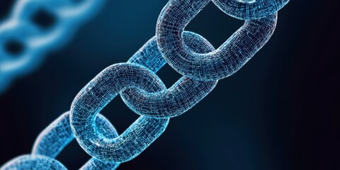 Aufkleber - A close-up of a digital chain link, symbolizing connectivity and blockchain technology, set against a dark blue background.