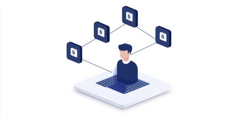 Fototapete - A digital illustration showing a person connected to multiple icons, symbolizing online interaction and digital networking.