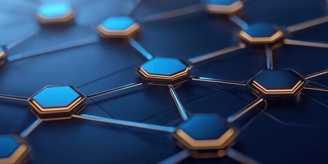 Fototapete - A close-up view of interconnected hexagonal nodes with a blue and gold color scheme, representing a modern digital network or technology interface.