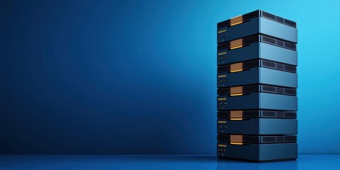 Poster - A sleek stack of server racks illuminated by a blue background, showcasing modern technology and data storage capabilities.