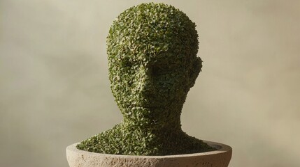 Wall Mural - Lush green foliage sculpted into a human head bust.