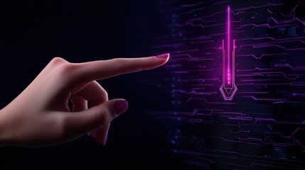 Poster - A hand reaches towards a glowing, digital arrow on a dark background, symbolizing interaction with technology and data.