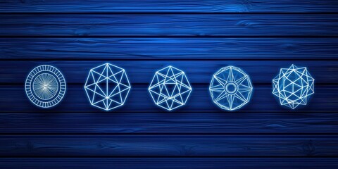 Poster - The image features five geometric shapes in blue hues, arranged horizontally against a textured wooden background.