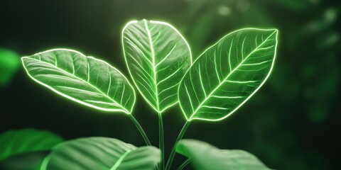 Aufkleber - A vibrant close-up of glowing green leaves, symbolizing nature and growth, against a softly lit background.