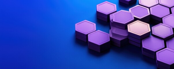 Aufkleber - A cluster of purple hexagonal shapes on a vibrant blue background, creating a modern and abstract design.