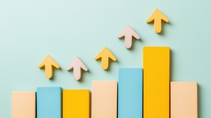 Poster - Colorful bar graph with upward arrows representing growth and progress on a pastel background
