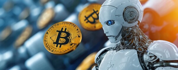 Poster - A futuristic robot contemplates floating Bitcoin coins against a digital background, symbolizing the intersection of technology and cryptocurrency.