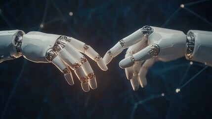 Fototapete - A close-up view of two robotic hands reaching out to each other, symbolizing connection and potential interaction between humans and technology.