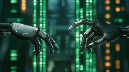 Fototapete - Two robotic hands reaching toward each other against a backdrop of glowing green data streams, symbolizing connection and technology.