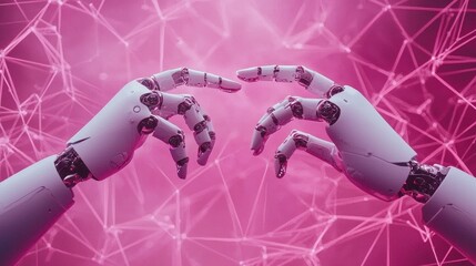Poster - A pair of robotic hands reaching towards each other against a vibrant pink background, symbolizing connection and technology.