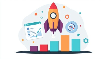 Poster - Colorful Rocket Launching Over Bar Graphs and Data Icons Representing Growth, Business Analytics, and Technology Concepts in a Modern Style