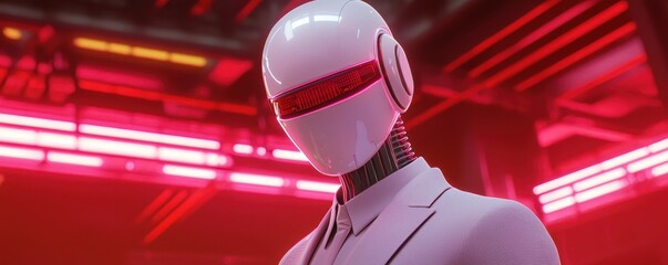 Poster - A futuristic humanoid robot with a sleek, white design and red visor stands against a backdrop of glowing neon lights.