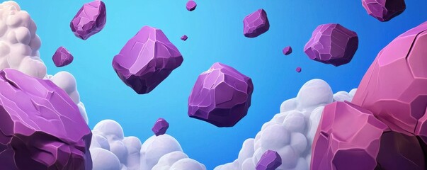 Poster - A vivid illustration of floating purple rocks amidst a bright blue sky and fluffy clouds, creating a whimsical and surreal atmosphere.