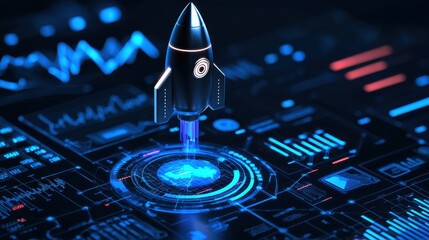 Poster - Futuristic Rocket Launching from Digital Interface with Abstract Data Visualization Elements in Blue and Red Light for Technology Themes