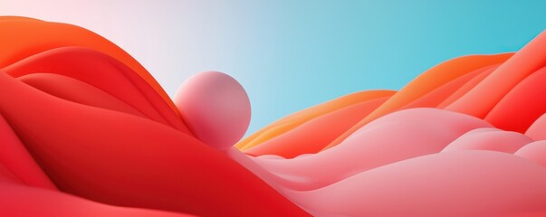 Aufkleber - A vibrant abstract landscape featuring flowing waves of red and pink, with a soft white sphere nestled among the curves against a light blue background.