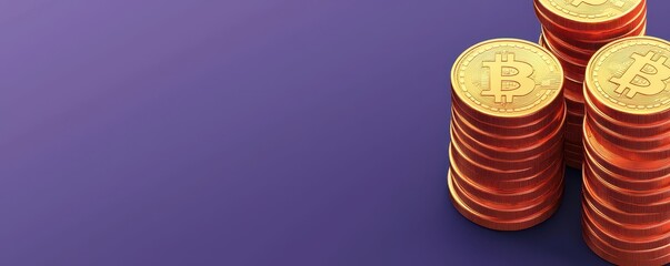 Poster - Stacks of shiny gold coins are arranged on a purple background, creating a visually striking image that emphasizes wealth and finance.