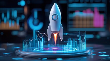 Poster - Futuristic Rocket Launching from Digital Base with Glowing Data Charts and Graphs in Background for Innovation and Technology Concept