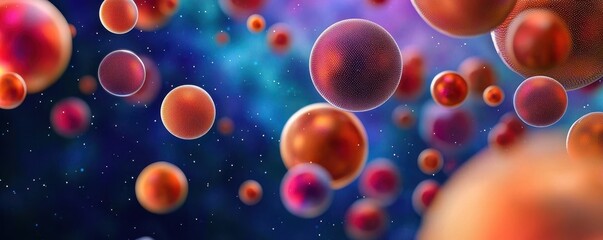 Poster - A vibrant visualization of abstract spheres floating in a cosmic background, representing cells or particles in a colorful, ethereal space.