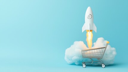 Poster - Creative concept of a shopping cart launching a rocket, symbolizing online shopping, innovation, and e-commerce growth in a vibrant blue background