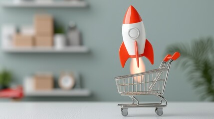 Poster - Rocket Taking Off from Shopping Cart Symbolizing E-commerce Growth and Innovation in the Online Market Space with Modern Decor in Background