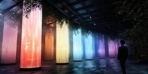 Poster - A person stands in a dimly lit space surrounded by colorful, illuminated pillars and lush greenery, creating a serene and immersive atmosphere.