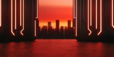 Poster - A futuristic cityscape framed by glowing neon structures against a vibrant sunset backdrop, evoking a sense of wonder and technology.