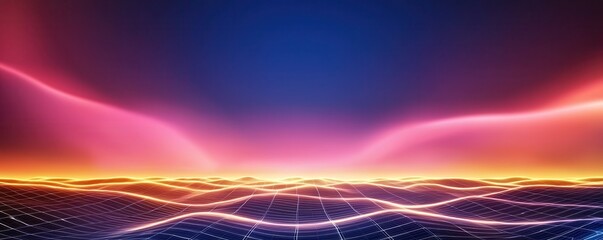 Poster - A vibrant digital landscape featuring waves of light in shades of pink, purple, and orange against a deep blue background.