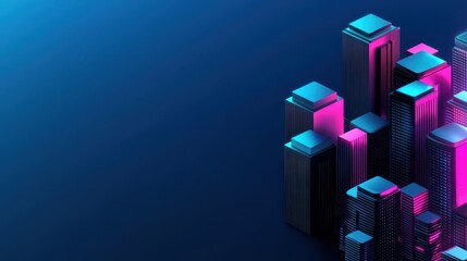 Poster - A sleek, modern cityscape with vibrant blue and pink neon lighting, showcasing futuristic buildings against a dark background.