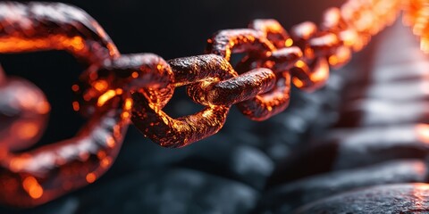 Poster - A close-up of a vibrant, metallic chain with a glowing effect, highlighting its texture and strength against a dark background.