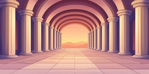 Poster - A serene corridor with arching columns leads towards a vibrant sunset, creating a tranquil and inviting atmosphere.
