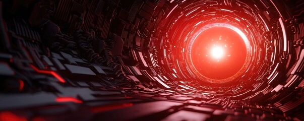 Aufkleber - A futuristic tunnel with a glowing red light at the end, surrounded by dark, metallic textures, conveying a sense of depth and mystery.