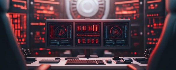 Fototapete - A high-tech control room featuring multiple screens displaying data with a futuristic red and black aesthetic.