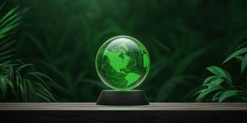 Poster - A green globe sits on a wooden base against a lush, dark green background, symbolizing environmental awareness and sustainability.