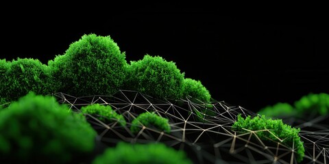 Poster - A vibrant, green landscape with textured moss-like formations set against a dark, contrasting background, creating a surreal and immersive visual.